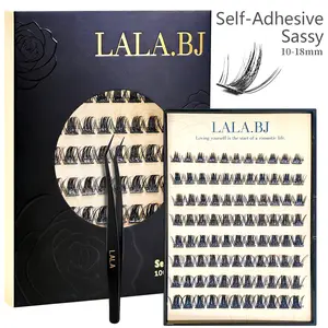 Sassy LALA Self-Adhesive DIY Cluster Lashes, 10-18mm D-Curl Pre-Glued Synthetic Eyelash Extensions with Curler, Oil-Resistant, Reusable, No Glue Needed, Easy & Gentle Application