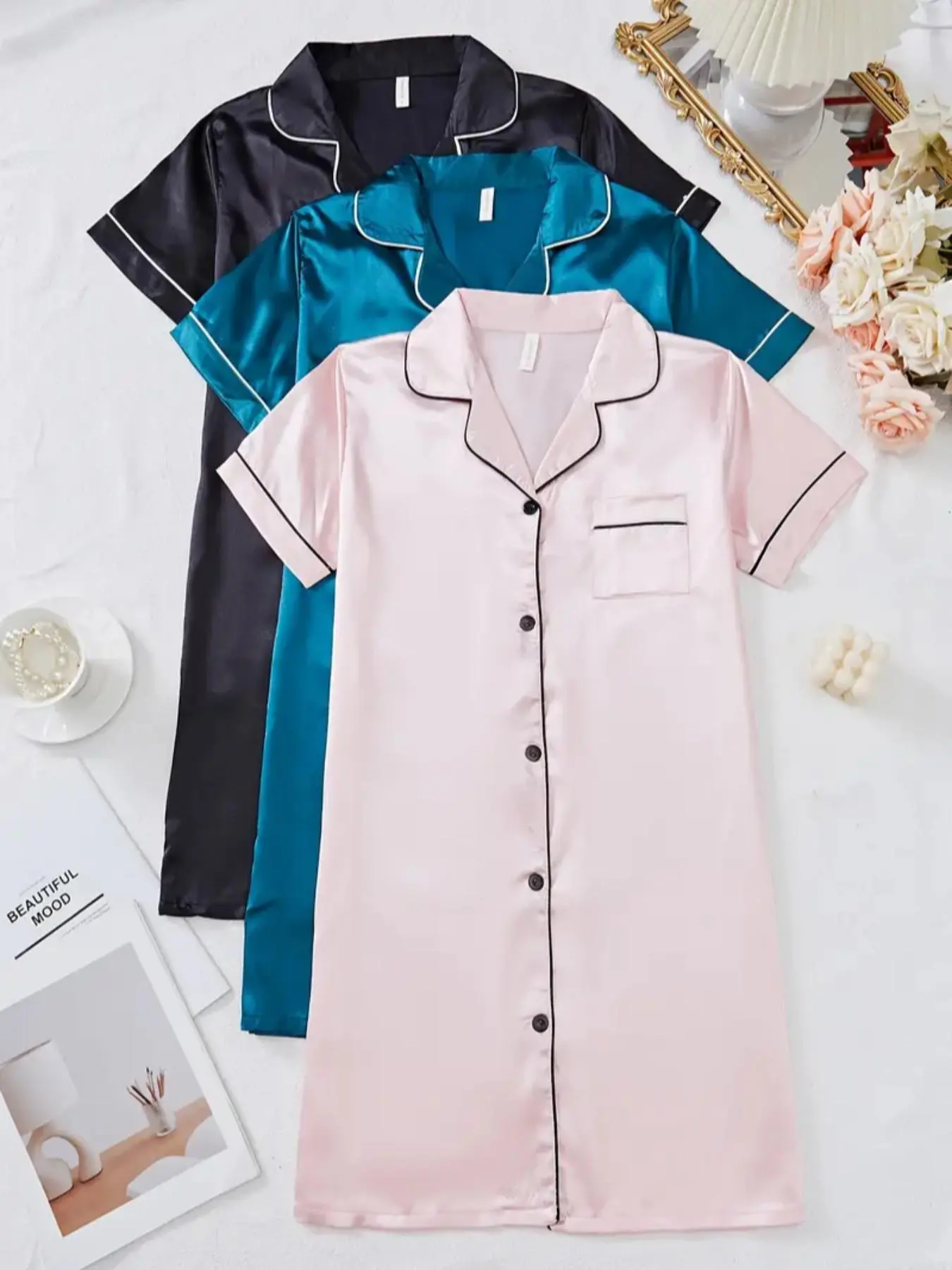 Women's Satin Pajama Dress, Contrast Binding Button-Front Short-Sleeve Lapel Nightdress with Pockets, All-Season Sleepwear Loungewear