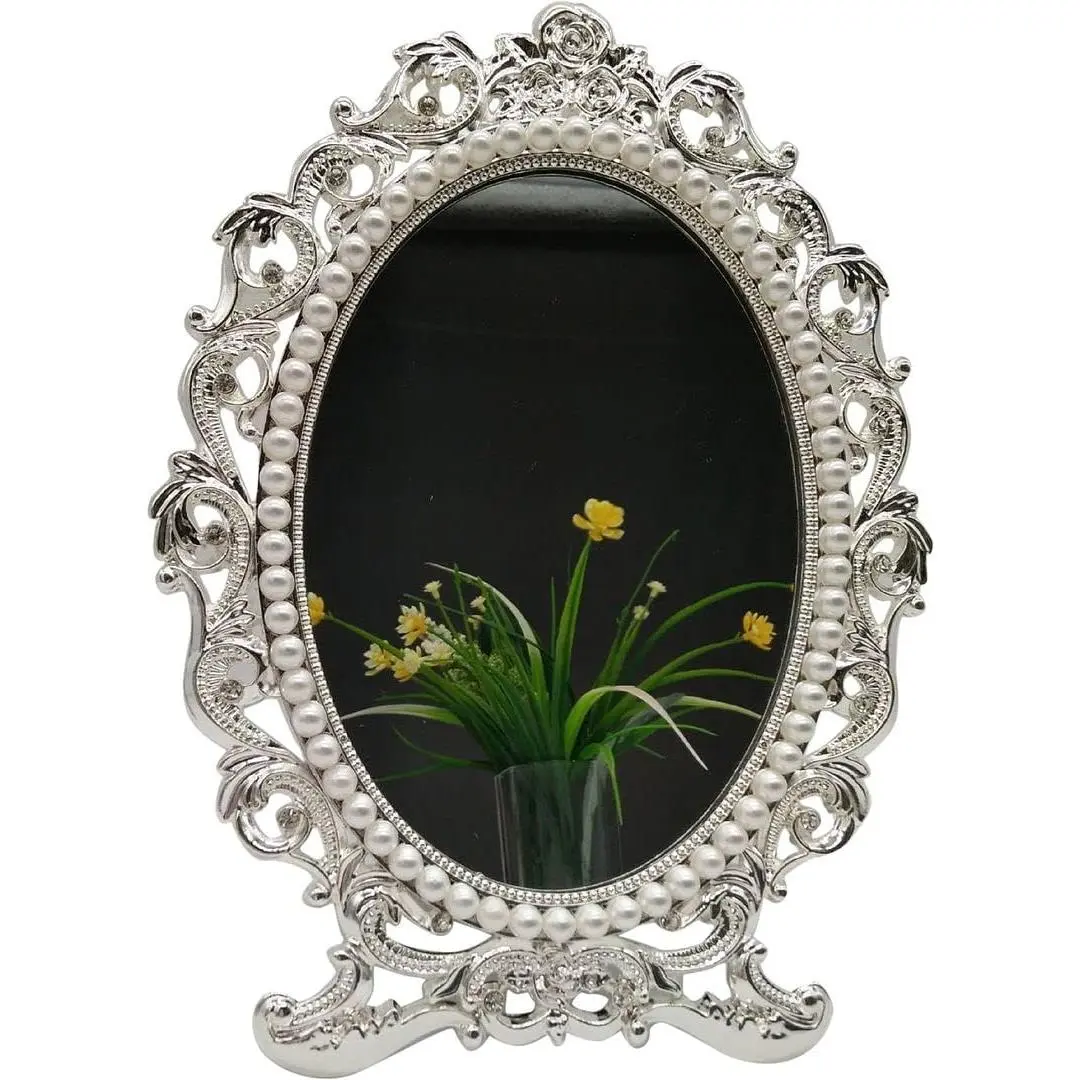 Retro Oval Silver Vanity Mirror with Stand - Pearl-Accented Glass Home Decor, Portable Bedroom Dresser Desk Accessory, Vintage Art Nouveau Flower-Theme for Christmas & Travel Use