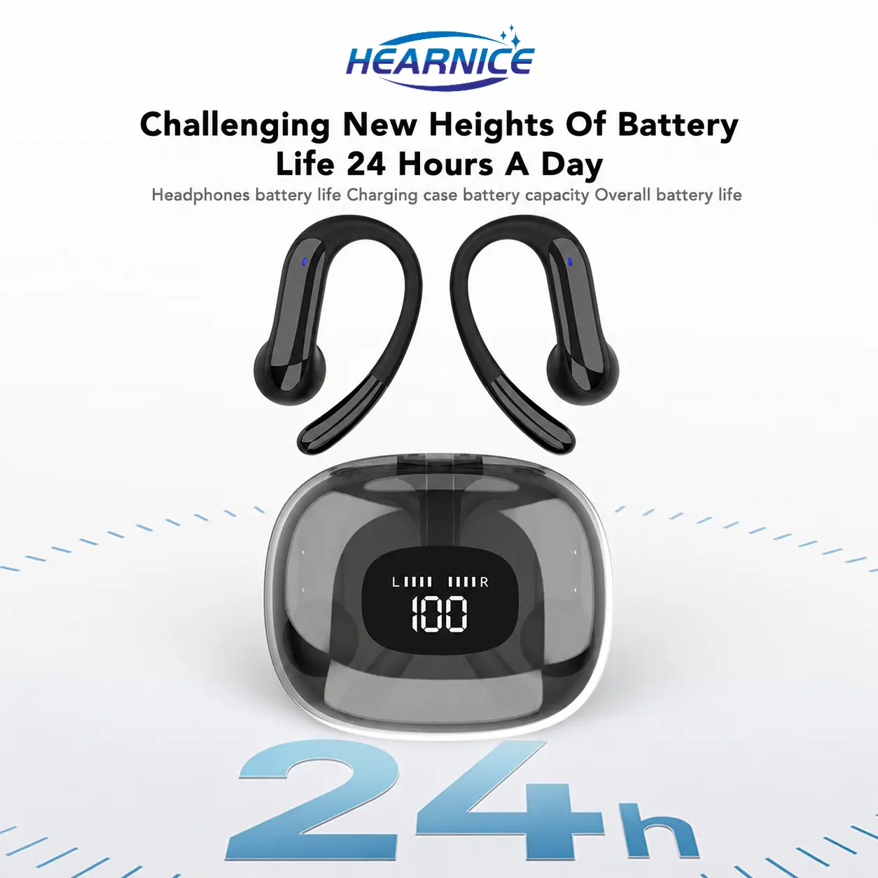 HEARNICE Over Ear Hook Wireless Earbuds, Bluetooth 5.4 Sports Headphones with LED Digital Charging Case, Deep Bass Stereo Sound, Dual Mic Call Noise Reduction, Long Playtime Earphones for Running Gym Workout Cycling