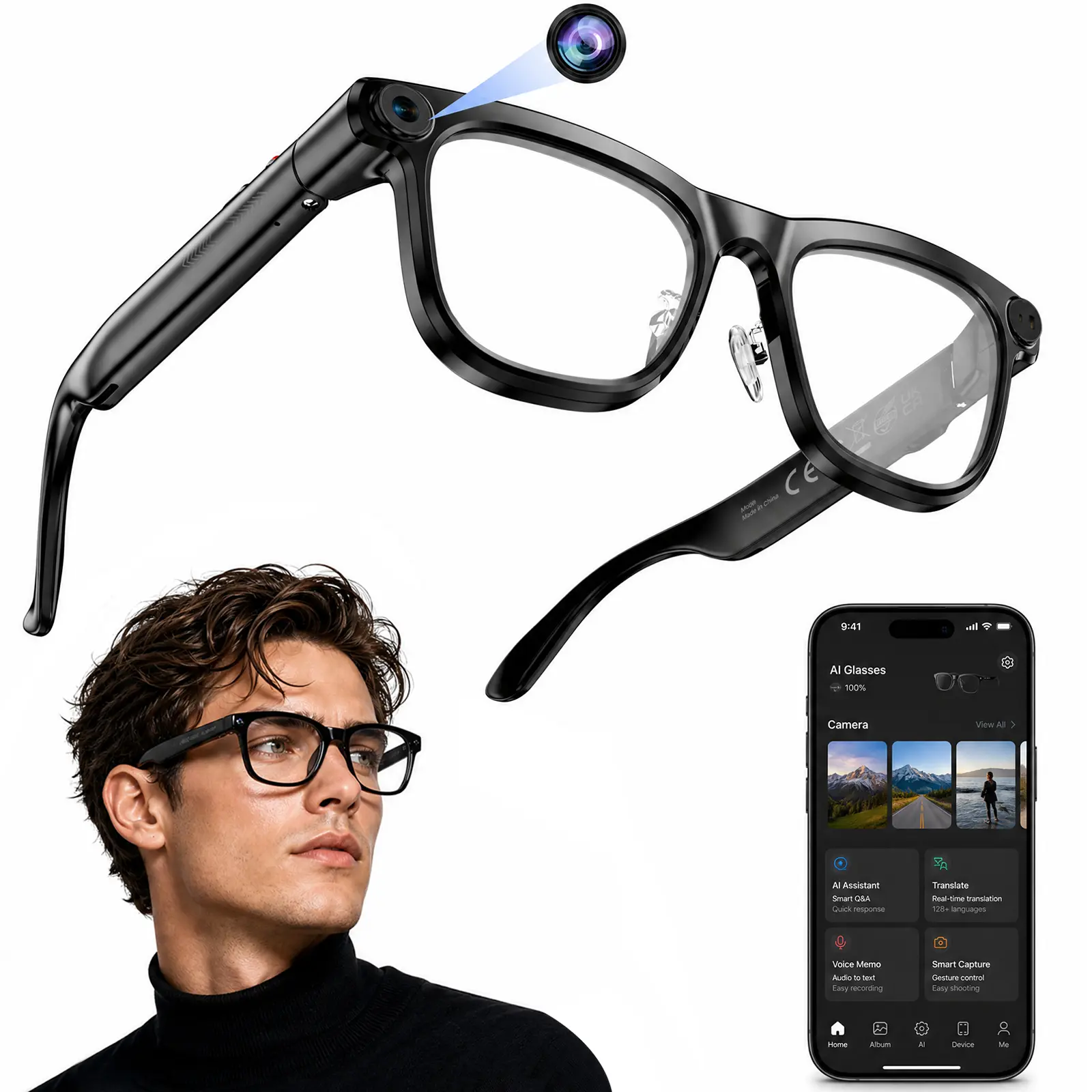 AI Smart Camera Glasses with 8MP Camera, 1080P HD Video Recording, Bluetooth Audio, AI Translation, Voice Assistant, 16Gb Storage, WiFi App, IP65 Waterproof for Travel, Cycling & Outdoor