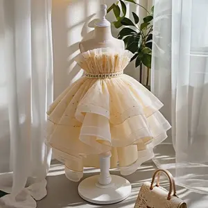 Girls Princess Dress Sweep Train High-Low Hem Star Print Sleeveless Pearl Tulle Pageant Flower Gown