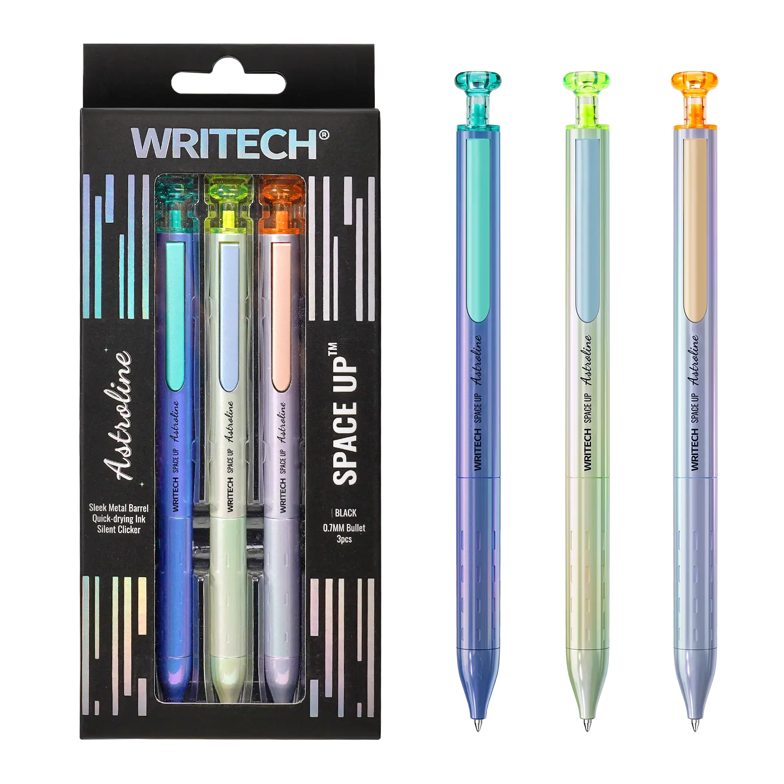 WRITECH Gel Pens Black Ink Sleek Metal Barrel 0.7mm Fine Point Retractable Quick-Drying Space Up Astroline Silent Clicker No Smear