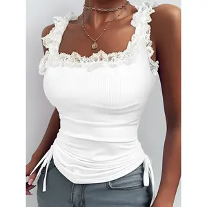 Lace Trim Side Drawstring Square Neck Vest