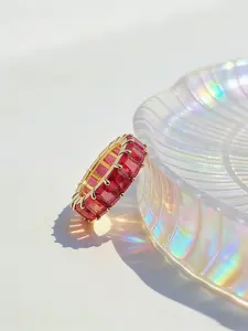 Luxury Ruby-Colored Pave Diamond Ring for Women, Edged, European Style Stackable Jewelry, Perfect for Dates & Parties