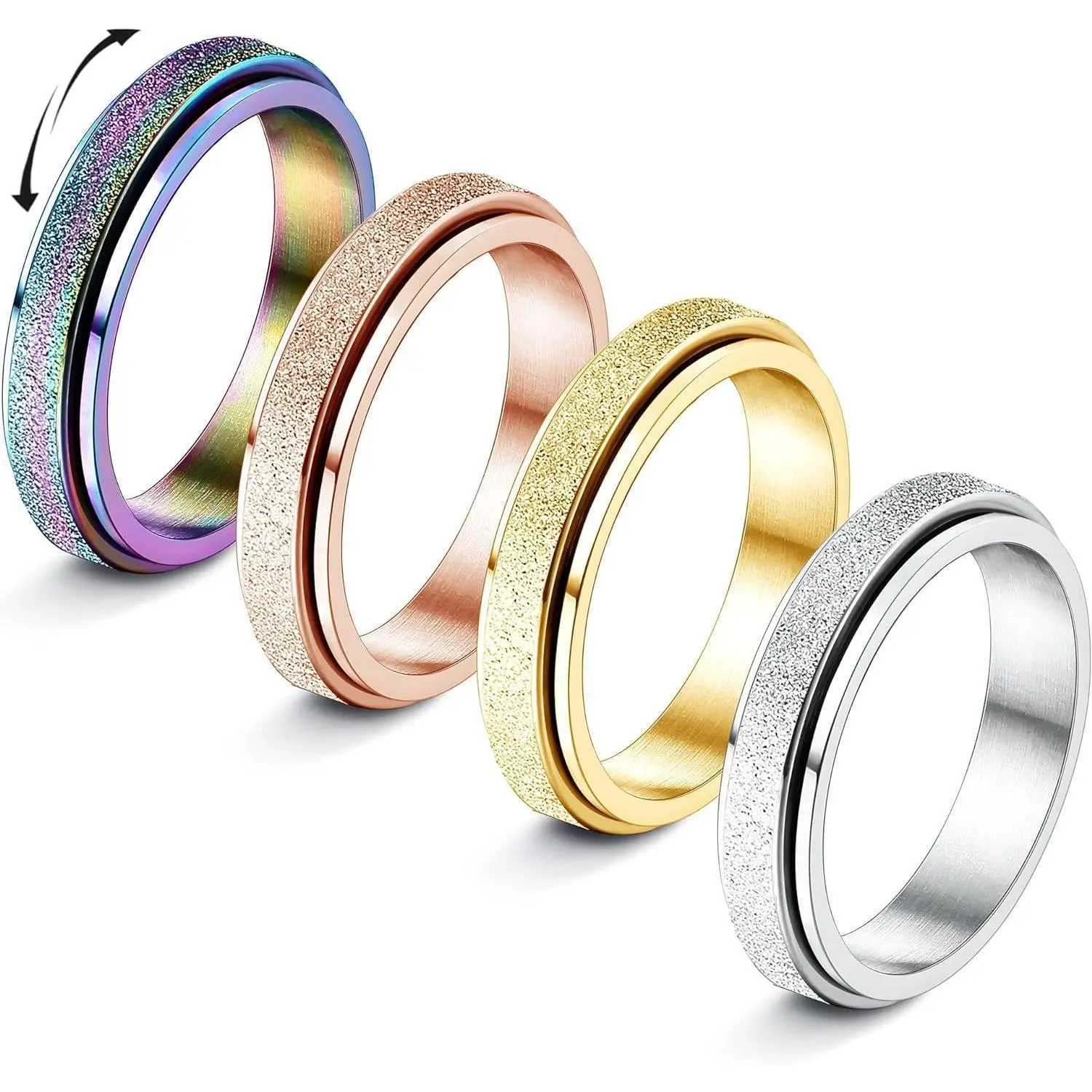 FLORIDECO Unisex 4PCS Stainless Steel Fidget Spinner Rings, 2/4mm Sandblast Glitter Finish, Anxiety Relief Jewelry, Sizes 5-9 for Daily Wear, Anxiety Fidgets, Fidget Items