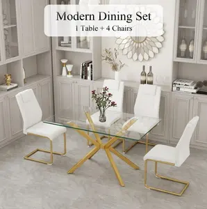 【2 Packages】5-Piece Dining Set: 47" Clear Tempered Glass Table + 4 White PU Leather Chairs with Gold Legs for Kitchen Dining Room