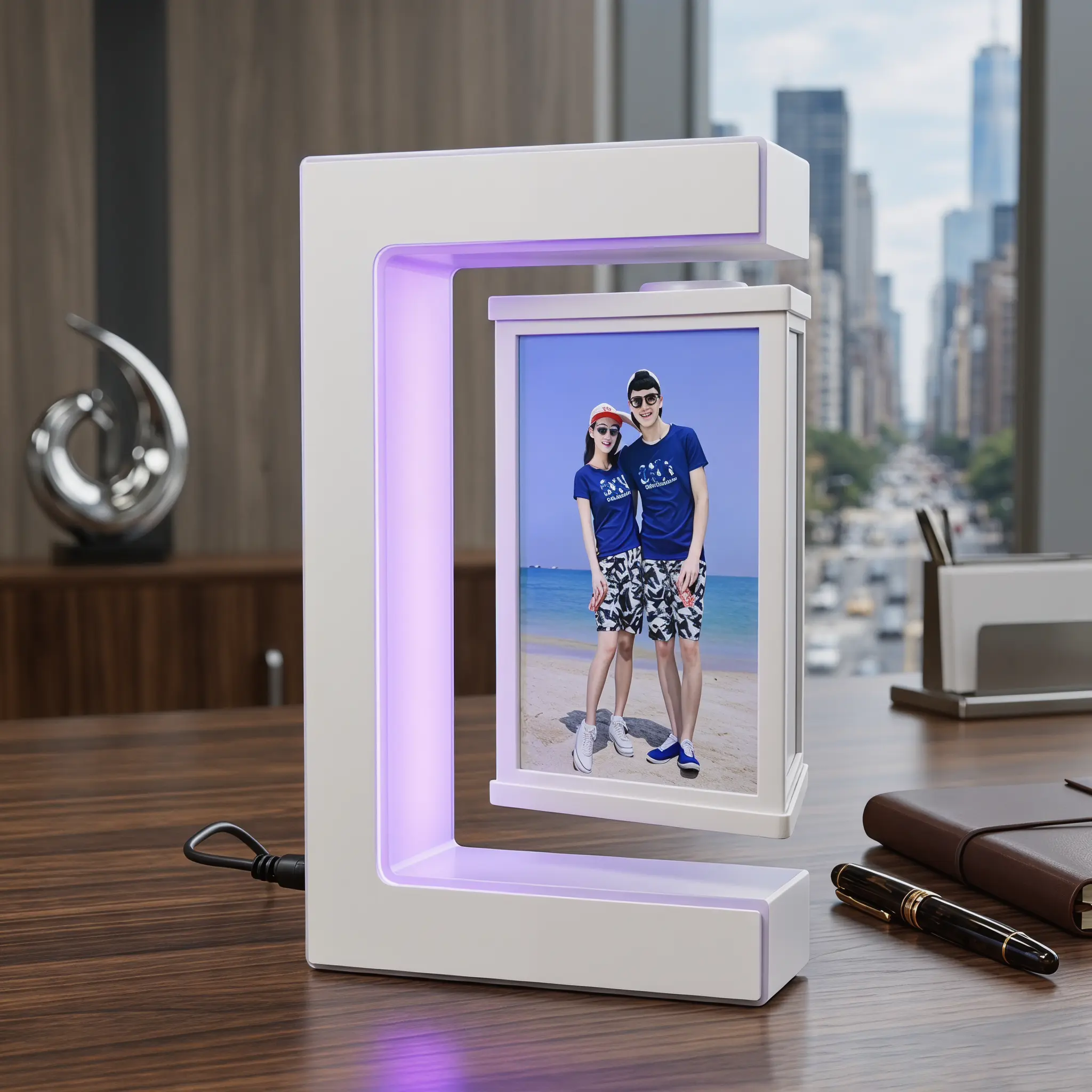 Magnetic Levitation Photo Frame, 360° Rotating Floating Picture Frame with RGB LED Night Light, Creative Desktop Decor for Home Office Bedroom, Unique Romantic Gift for Valentine's Day Birthday