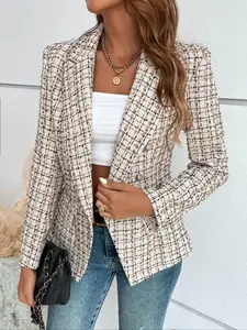 Women's Plaid Print Double Button Flap Detail Lapel Trendy Blazer, Casual Long Sleeve Outerwear for Fall & Winter, Ladies Clothes for Work Office Business, Elegant