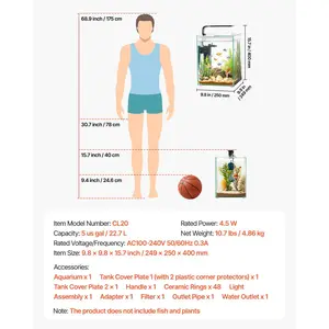 VEVOR Fish Tank Aquarium, 5 Gallon Square Ultra-Clear Glass Starter Smart Tank Adjustable 3 Color Lighting, Self Cleaning System Fishbowl for Freshwater Saltwater Fish Home, Office, or Pet Use