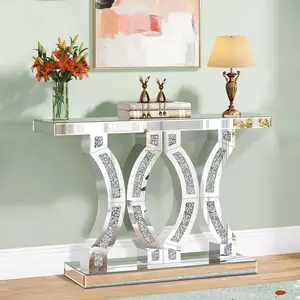 39 Inch Silvery Mirror Console Table, with Glass Surface And Diamond Inlay Design, Suitable for Modern Living Room, Lobby Or Corridor Decoration As An Entry-level Table
