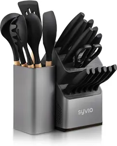 syvio Knife Sets for Kitchen with Block and 6 PCS Kitchen Utensils Set, Knives Set for Kitchen 15 Pieces with Built-in Sharpener, Utensils Holder for Storing Kitchen Tools, 21-in-1 Kitchen Set
