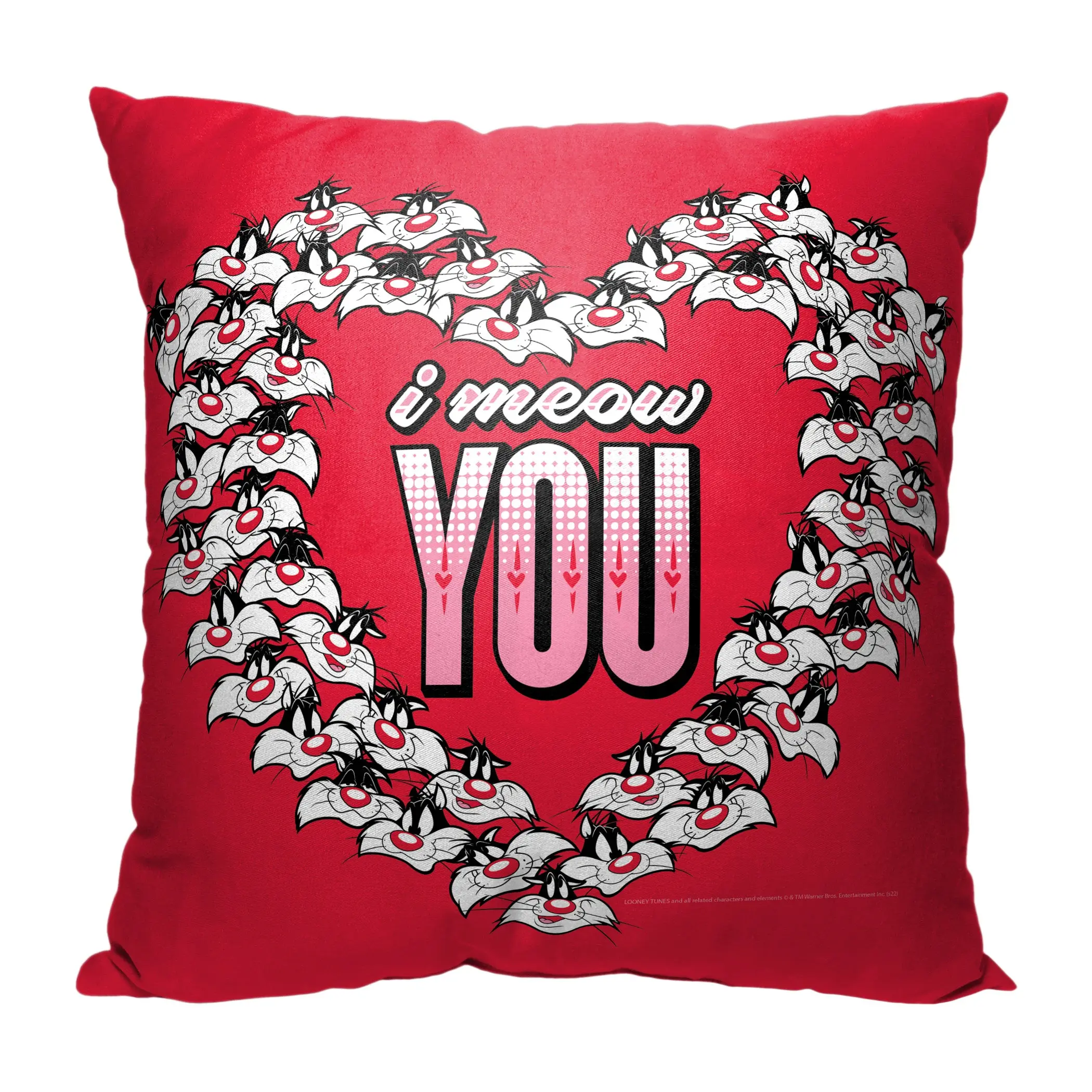 Warner Bros. Looney Tunes "Meow You" Fabric Throw Pillow - 18x18in Heart Pattern, Love-Theme Room Decor for Home