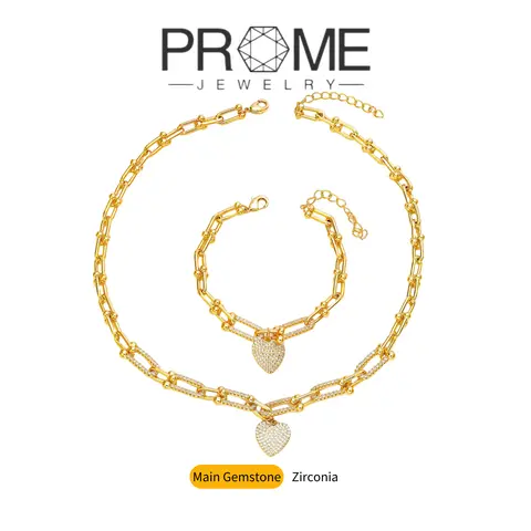 (CS001) Female 2-Piece Classic Style Minimalist Gold 5A Cubic Zirconia Pavé Inlay Heart Necklace & Adjustable Bracelet Set, Romantic Jewelry for Casual Wear, Birthday Gifting