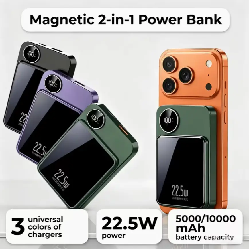 Magnetic wireless portable power bank, 10,000 mAh/5,000 mAh, 22.5 W PD fast charging (up to 20 W), with LED digital display, dual input/output ports, compatible with iPhone, all iOS devices, and Android devices. Pd Battery Pack Multifunctional Power Bank