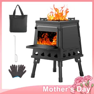 Wood Burning Camp Stove, Portable Cast Iron Wood Stove for Outdoor Hiking Picnic BBQ Travel, Black Camping Kitchenware Woodfire Grill