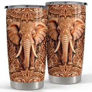 SANDJEST Elephant Tumbler 22oz Elephants Wood Drawing Stainless Steel Insulated Tumblers Coffee Travel Mug Cup Gifts for Women Men Elephant Gift for Birthday Christmas