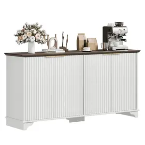 【Christmas Gift】61 Inch Modern Fluted Buffet Cabinet  Kitchen Storage Cabinet Wooden 4-Door Sideboard with Adjustable Shelves  Accent Furniture for Living Room Dining Room White