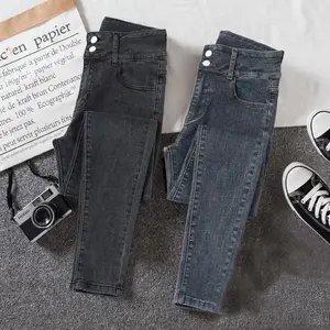 Stretch Jeans Women's High Waist Double Buckle Skinny Pants New Spring, Autumn and Winter Korean Style Slim Fit All-Matching Ankle Tight Pencil Pants