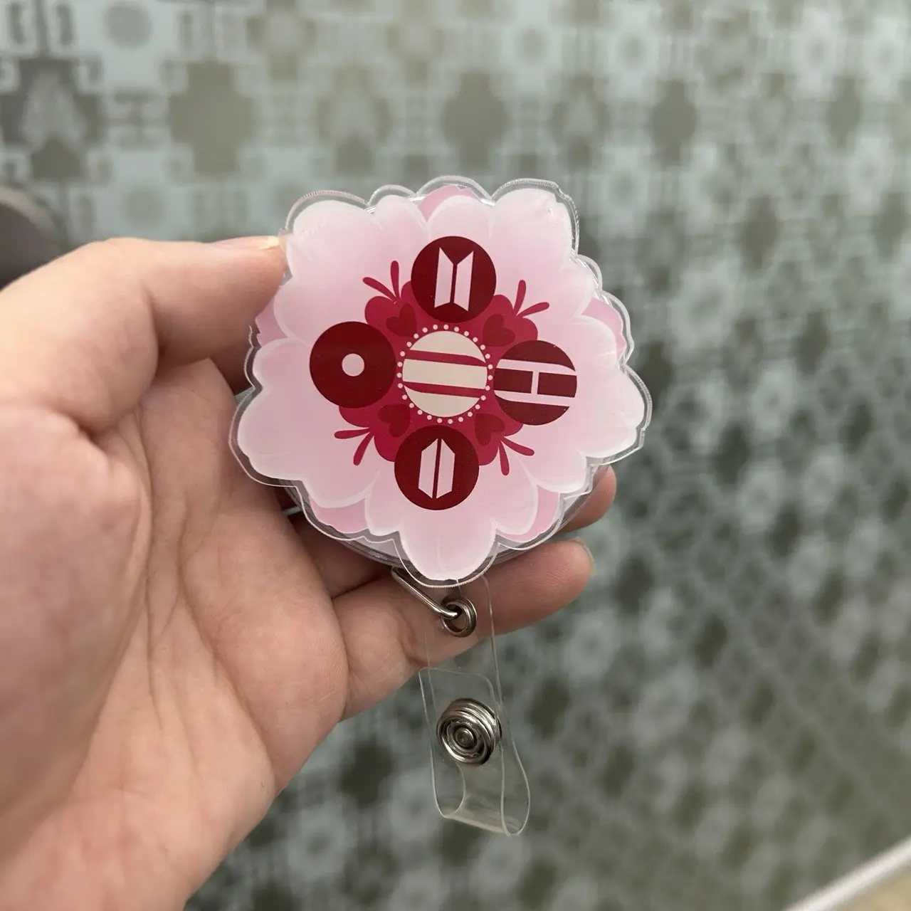 Kpop Inspired Floral Badge Reel – Acrylic Retractable ID Clip Holder