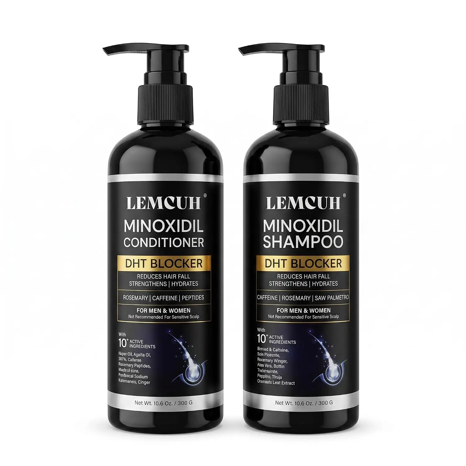 Lemcuh Minoxidil Shampoo and Conditioner Set for Hair Growth – DHT Blocker Shampoo Conditioner Enriched with Biotin, Saw Palmetto & Ginger – Supports Thicker, Fuller Hair, Scalp Care Formula For Men Women