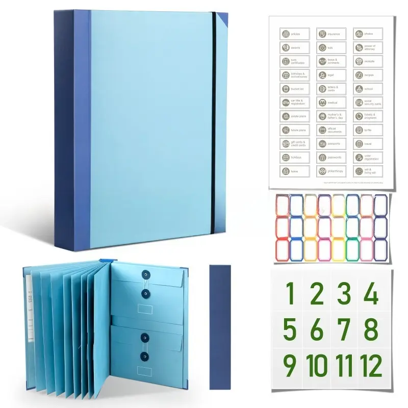Blue Folio Document Organizer - Labeled Sections, Pocketed Design, Chic Binder for Storing Important Documents, Certificates, Passports