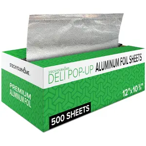 500 Count Pre-Cut Deli Aluminum Foil Sheets, 12” Heavy Duty Pop Up Foil Sheets for Restaurant, Disposable Foil Sheets for Food, Tin Foil Sheets for Burrito, Hot Dog or Sandwich, Stock Your Home