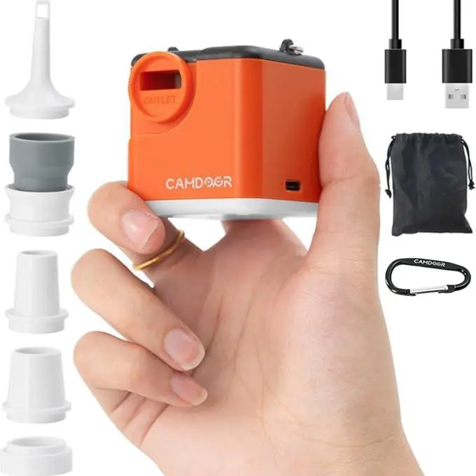 【Outdoor essential】Camdoor Portable Mini Air Pump for Air Mattress & Pool Floats, carabiner，Fast Inflate & Deflate Camping Pump with LED Light,  Inflatable Sleeping Bag Air Bed Airbeds,  2400mAh Super Strong Mini Air Mattress Pump with Camping Light