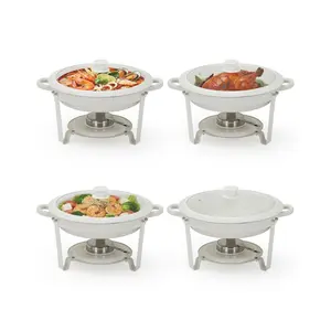 [GAOMON]Maifanite-Coated Chafing Dishes for Buffets, 4 Pack 5.3QT White Round Chafing Dish Set with Transparent Lids, Stainless Steel Commercial Food Warmer for Parties, Weddings, Restaurants & Catering