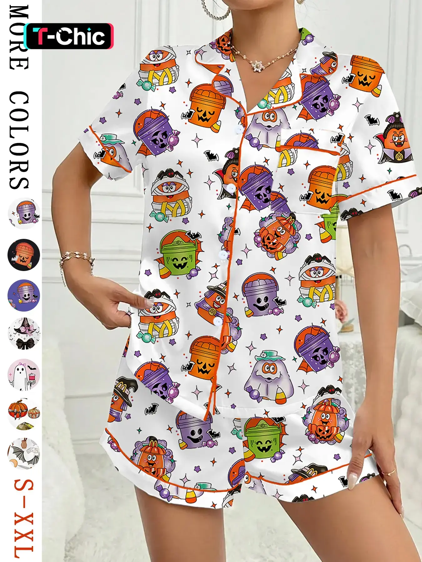 Women's Halloween Bat Print Pajama Set, Casual Comfy Short Sleeve Top & Shorts Loungewear Set, Ladies Sleepwear for All Seasons
