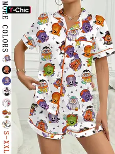 Women's Halloween Print Pajama Set, Casual Comfy Short Sleeve Top & Shorts Set, Ladies Sleepwear for All Seasons, Pajamas Sleepwear, Loungewear