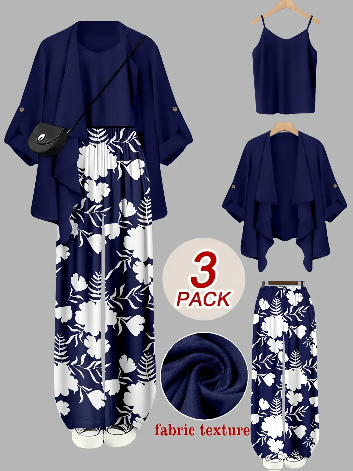 Women's 3-Piece Casual Regular Fit Clothing Set - Heart Neck Tank Top, Cuffed Long Sleeve Cardigan, Drapey Wide-Leg Trousers, Floral Print, Chic Basic, Elegant Layered Look, for Work/Travel, All-Season Womenswear