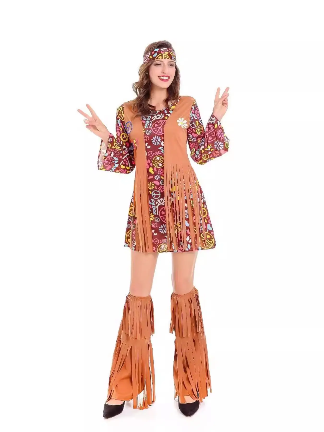Women's Fringe Hippie Costume, Vintage Hippy Party Performance, Halloween Arabic Dress, Long Length, Slim-Fitting, All Seasons