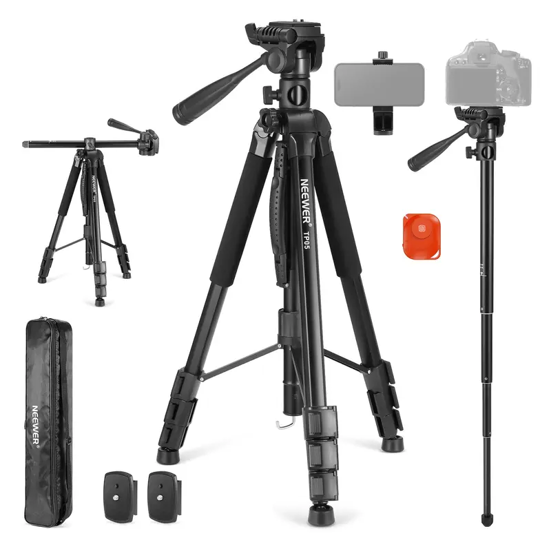 NEEWER TP05 Folding Combo Tripod-Monopod, 74.4" Extendable Stand with Flexible Extension Rod, 360° Pan-Tilt Mount, Holder, Remote, Selfie Function for DSLR, Camcorder, Smartphone, Cellphone, Tripod for iPhone, Vlogging Equipment