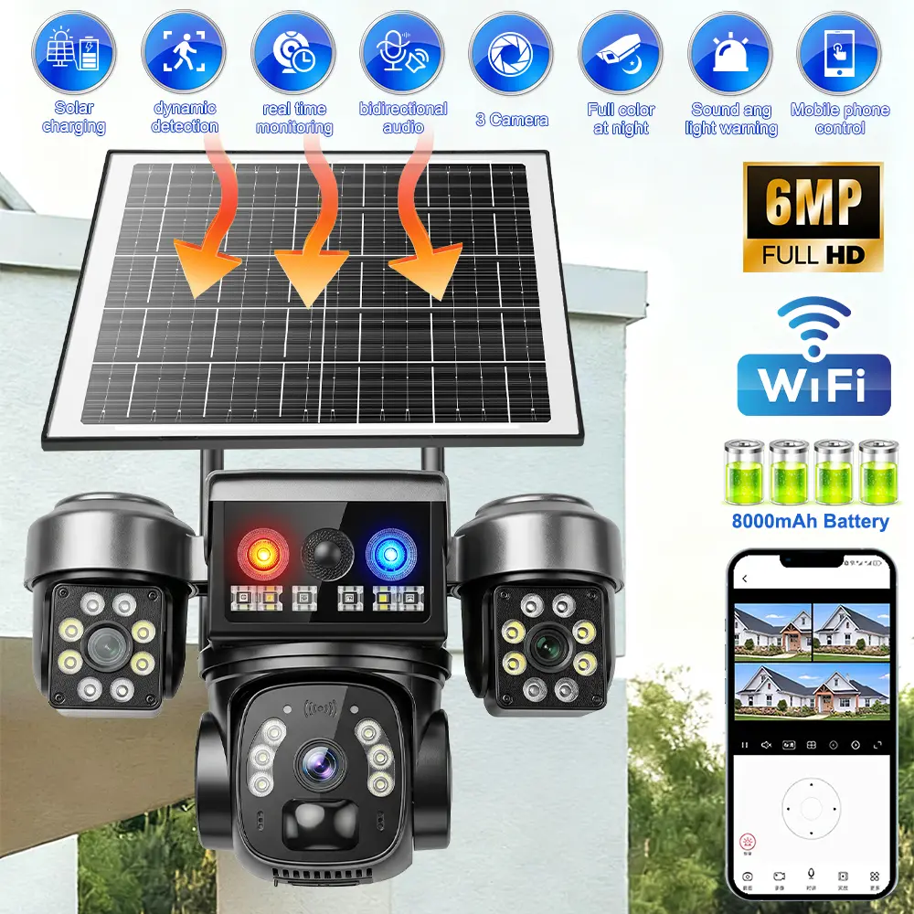 6MP Full HD Solar Powered Security Camera System with 8000mAh Battery and WiFi Connectivity for Home Surveillance