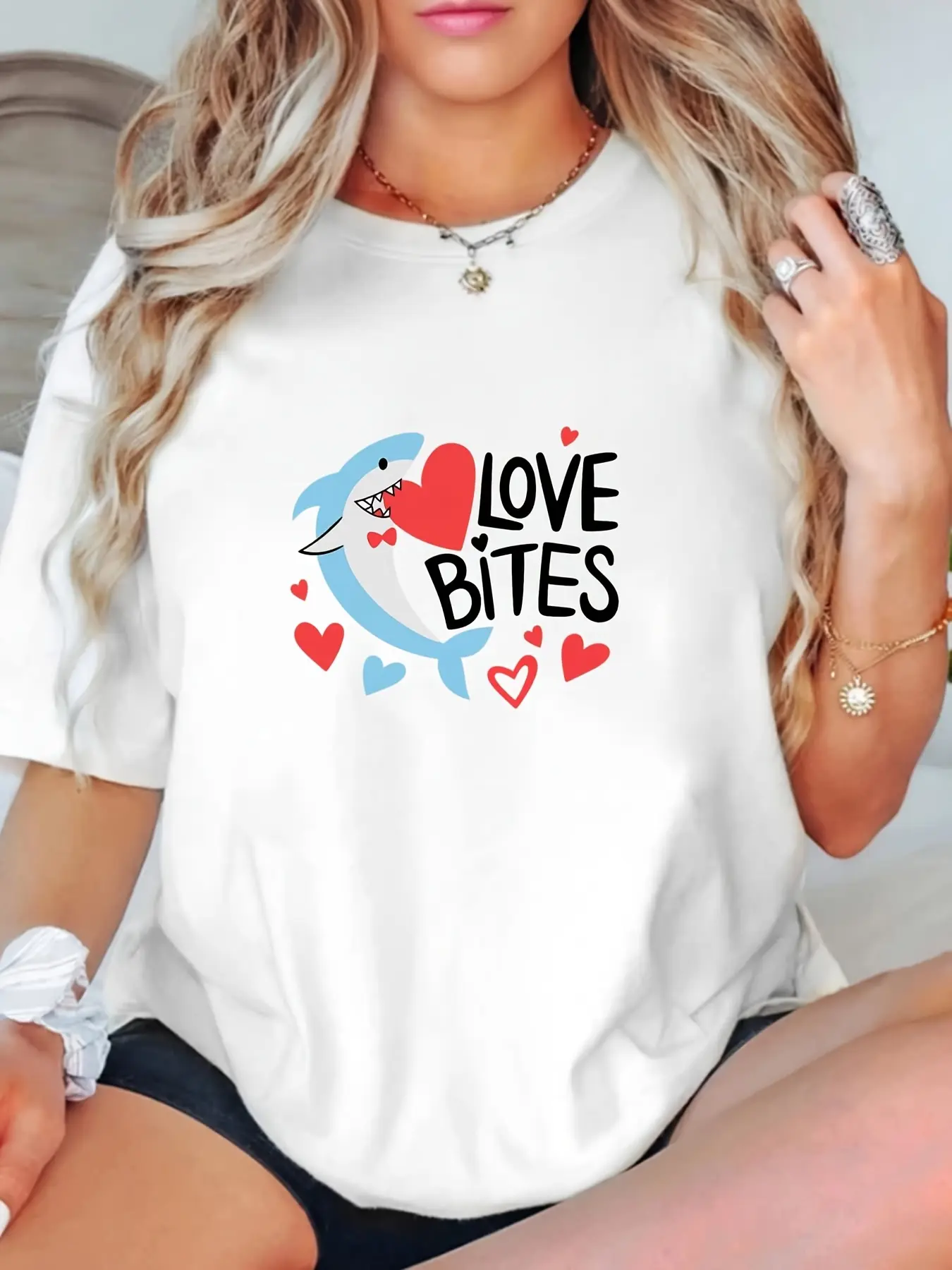 Shark Week Graphic T Shirt for Women Men Unisex Black White Short Sleeve Tee Cute Shark Teeth Heart Print Shirt Summer Beach Style Ocean Lover Casual Everyday Wear Idea   Back to School