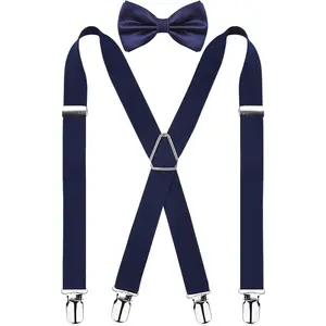 Men's Solid Polyester Suspenders and Pre-Tied Bow Tie Set - 4-Clips, X-Back, Elastic Adjustable Design, Ideal for Weddings