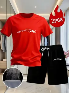 Red Sports Car Silhouette Printed Men's Short Sets, Breathable Quick-Dry Casual 2-Piece Outfit, Men's Car Enthusiast Trendy Wear