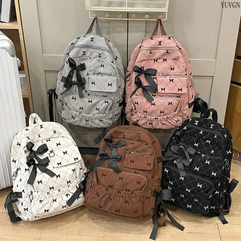 Backpacks for School, Cute Corduroy Bow Print Bookbag for Students, Large-Capacity Korean-Style Daypack for Daily Use & Travel, Cute Backpacks For School, School Backpacks