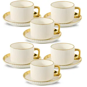 Ceramic Tea Cup & Saucer Set, 4/6 Sets Modern Stripe Design Coffee Cup & Saucer, Drinking Supplies for Home or Office, Coffee Cup Set, Ideal Gift Choice, Stylish Drinkware