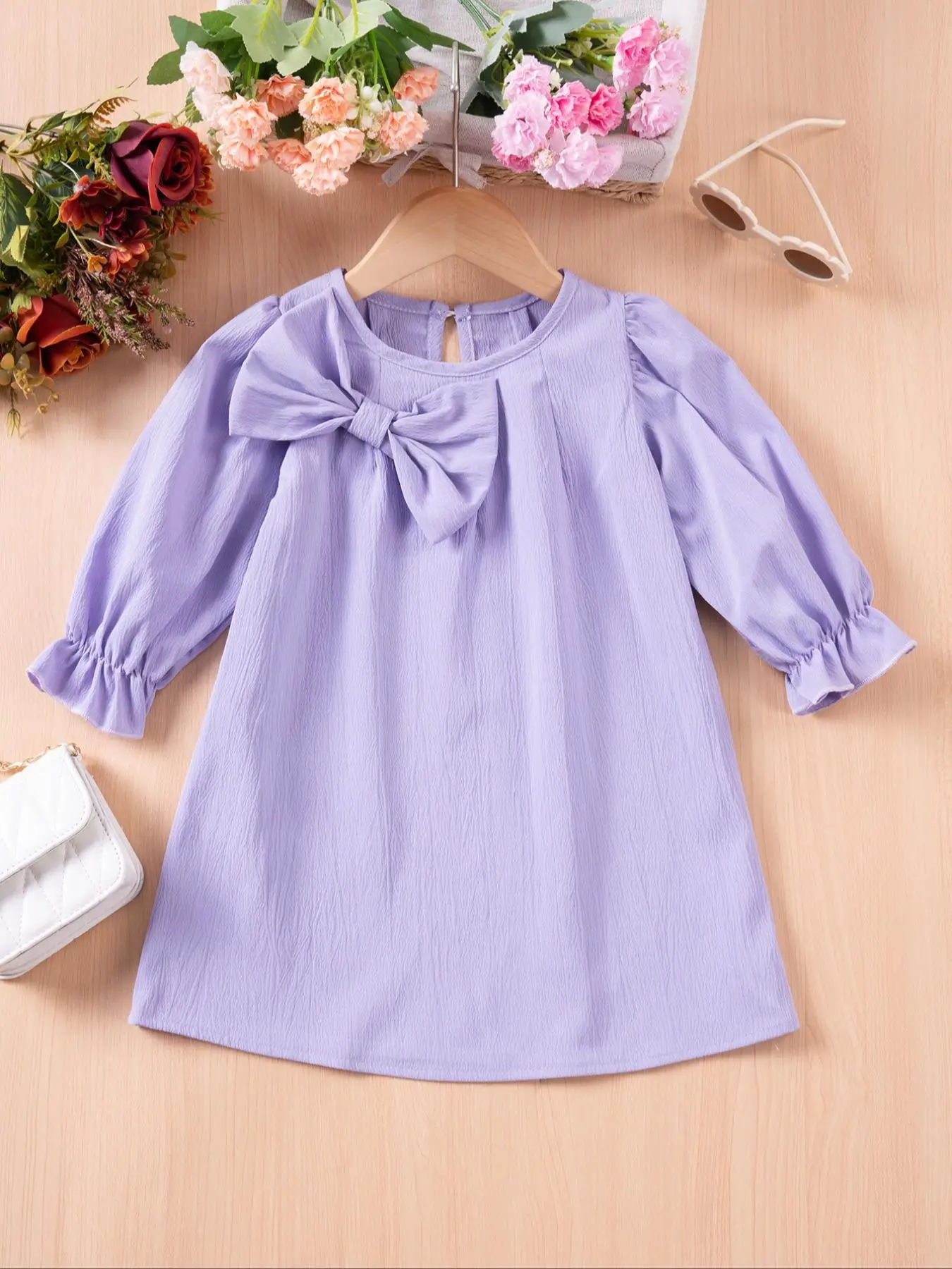 Toddler Girl's Solid Bow Decor Ruffle Trim Sweater Dress, Cute Casual Cap Sleeve Knit Dress for Summer, Kids Clothes for Daily Wear