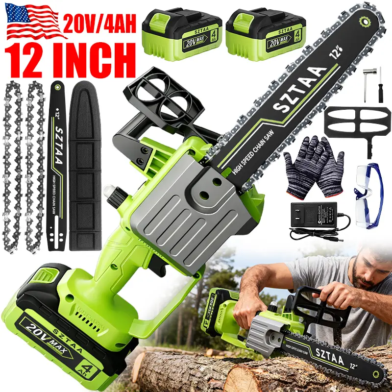 12-in Cordless Electric Chainsaw - Portable Handheld Plastic Woodworking Tool with 2 Batteries, for Pruning, Camping, Ideal Festival Gift for Men