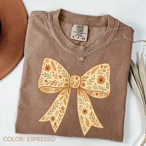 Comfort Color Boho Floral Fall Bow Shirt, Trendy Fall Shirt, Pumpkin Patch, Farm Fresh Pumpkins, Pumpkin Season Outfits