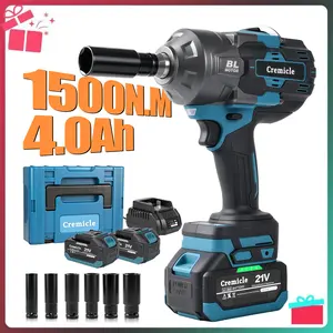 1500N.m Cordless Impact Wrench,4-speeds Cordless Impact Gun with 2*4.0Mah, 1107 Ft-lbs Electric Impact Erench with 6 Sleeves, High Torque 1/2 Impact Wrench, Power Impact Wrenches for Home Car Tyre