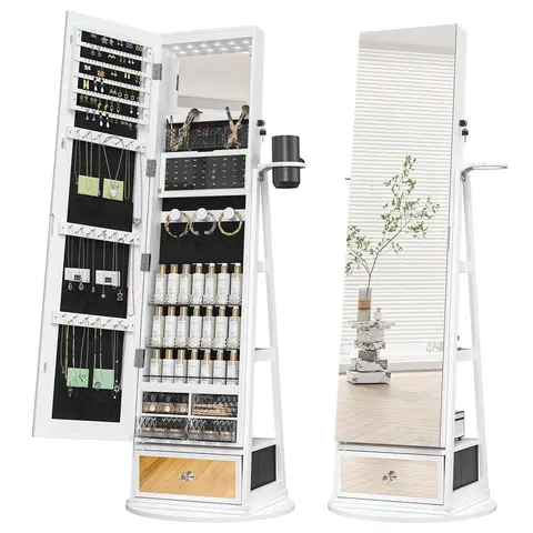 LHBCRAFT 360° Swivel Jewelry Cabinet with Full Length Mirror & LED Lights, Christmas Gift for Women, Lockable Standing Jewelry Armoire Organizer for Necklaces Earrings Rings