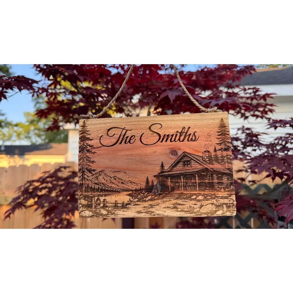 Personalized Rustic Cedar Cabin Family Sign – Custom Laser Engraved Name Plaque (8" x 5.5")