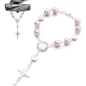Personalized Blessing Cross Rosary Hanging Pendant for Car Rearview Mirror, Interior Decor Ornament for Most Vehicles Car Accessories (Pink)