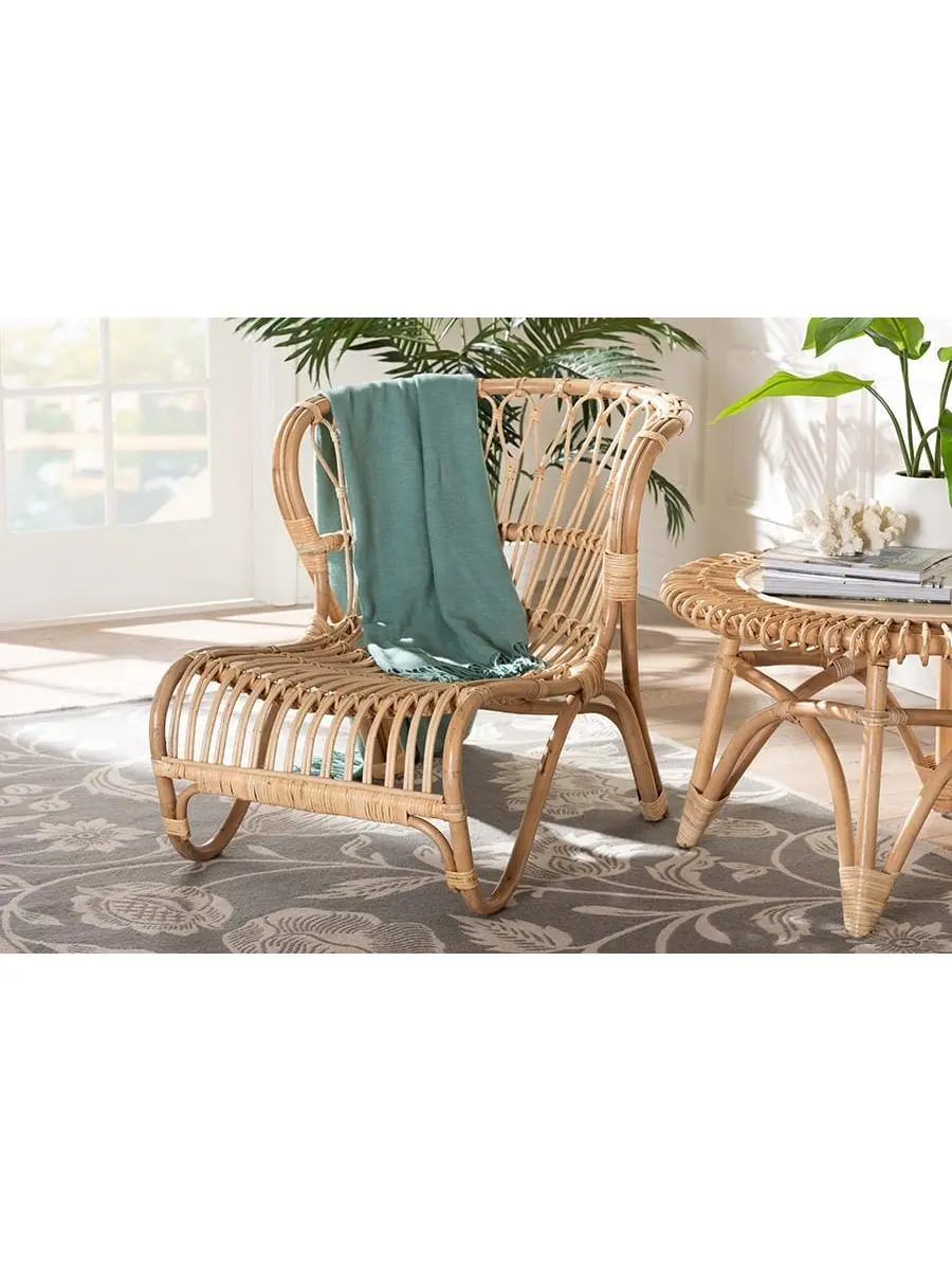 212 MAIN Alaya Accent Chair - Modern Bohemian Natural Rattan Patio Outdoor Furniture, Handcrafted Fully Assembled Single Seater, Airy Weave Curved Frame, Openwork Back with Geometric Flare, 13 Lbs, 29x28x37in, for Indoor Patio