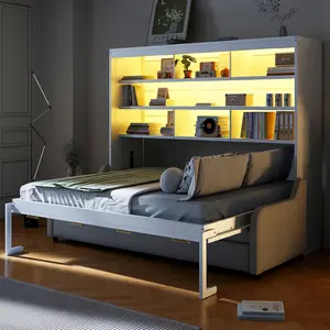 [Bellemave]Full /Queen Size Murphy Cabinet Bed with Folding Sofa,Built-in Storage Shelves and LED Light,Beige