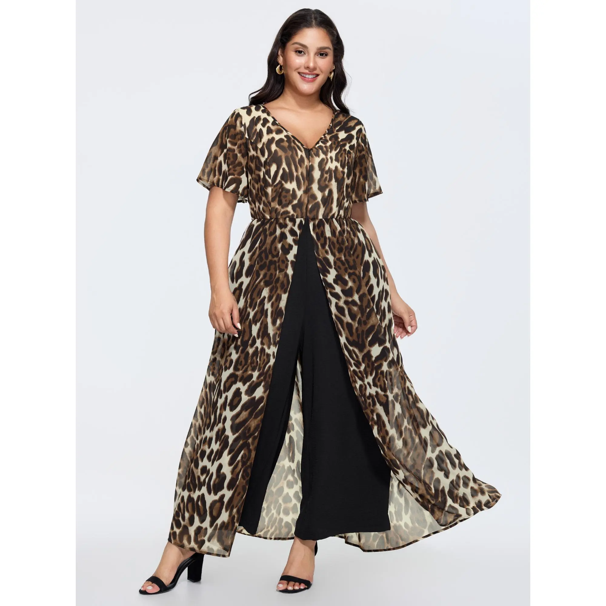 BloomChic Women's Plus Size Overalls, Machine Washable Soft Polyester Shell, Casual Short Sleeve Timeless Design, Regular Length, Classic, Breathable, Cold Wash, Leopard, Flattering Cut, M-6X, Everyday, Comfy, Pocket, Fit, Shortsleeve, Fabric, Simple, Low